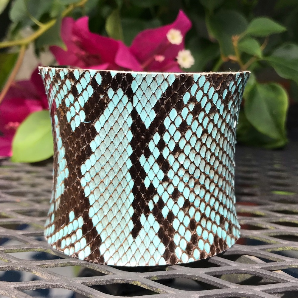 Blue Snakeskin Stainless Steel Wide Cuff Bracelet - Picture 2 of 5